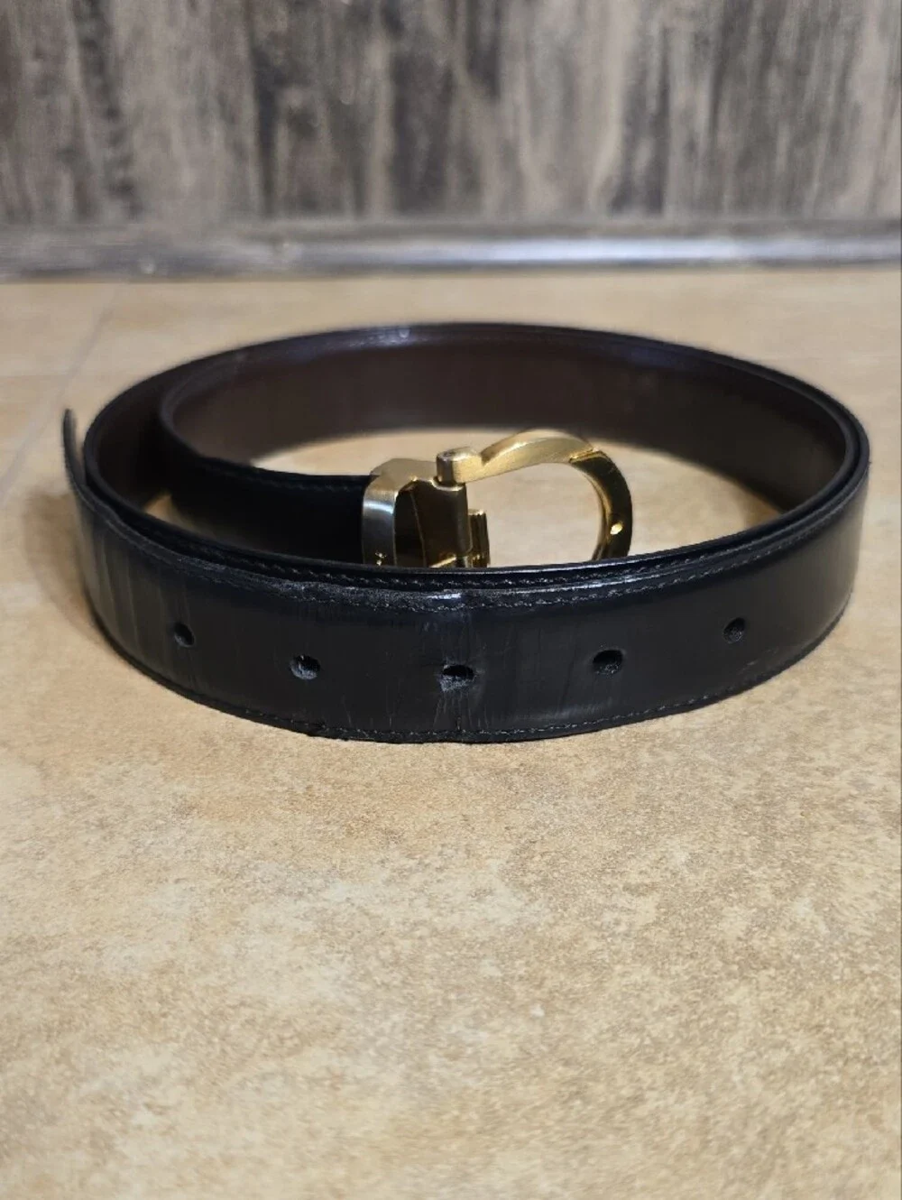 Salvatore Ferragamo Black And Brown Leather Belt with Gold Gancini Buckle